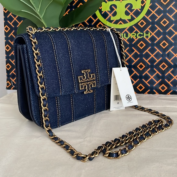 Tory Burch Handbags - New, Tory Burch Britten denim small adjustable shoulder bag navy